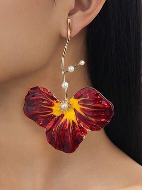 Gold Stem Red & Yellow Flower Drop Earrings - Women Jewelry R 463